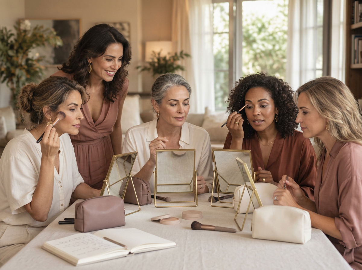 Grupo de mulheres maduras participando de uma aula de automaquiagem