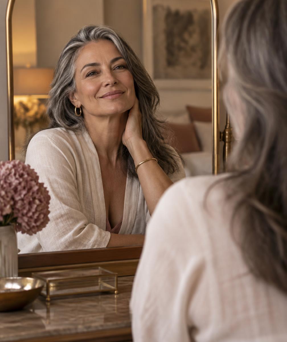 Mulher madura sorrindo para o próprio reflexo